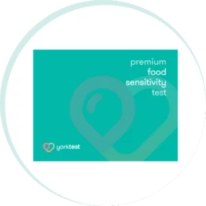 Premium Food Sensitivity Test Kit Box in a light teal circle