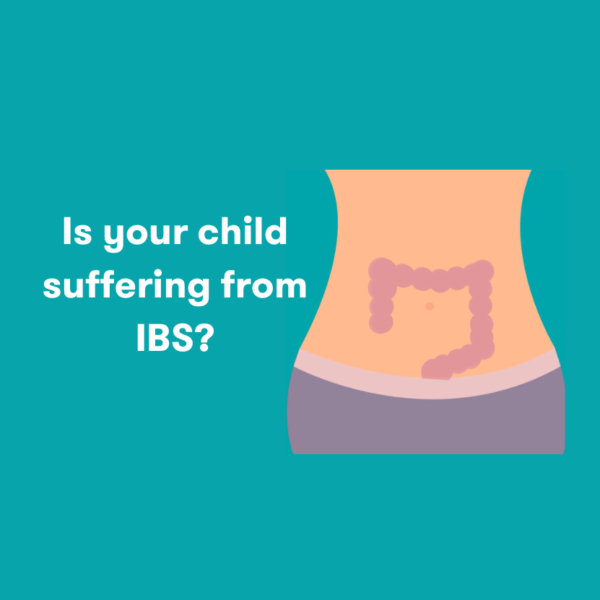 Cartoon graphic of a stomach with the caption 'is your child suffering from IBS?'
