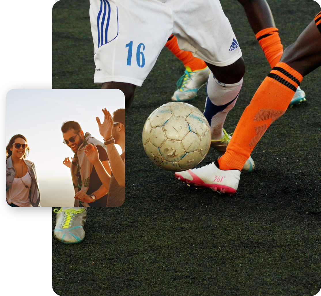 men playing football & dancing