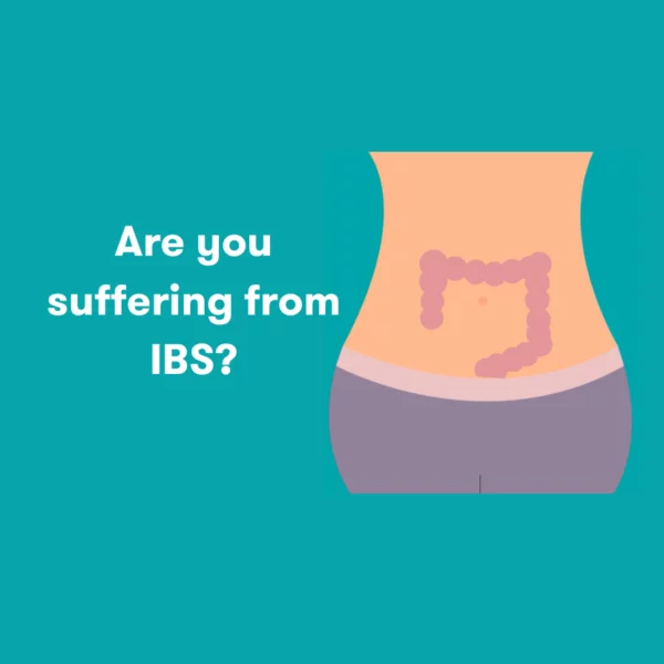 Thumbnail featuring a cartoon representation of the gut accompanied by the question "Are you suffering from IBS?"