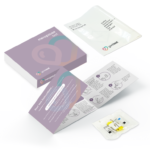 Menopause test kit box contents featuring, the kit box, an instructions manual, a pre-paid envelope, a sterile tube and lancets