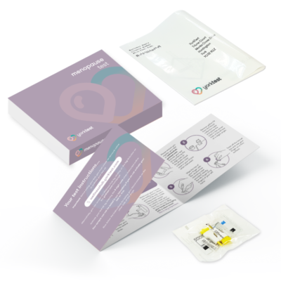 Menopause test kit box contents featuring, the kit box, an instructions manual, a pre-paid envelope, a sterile tube and lancets