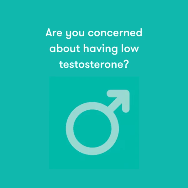 Teal background with the male sex symbol positioned under the sentence "Are you concerned about having low testosterone?"